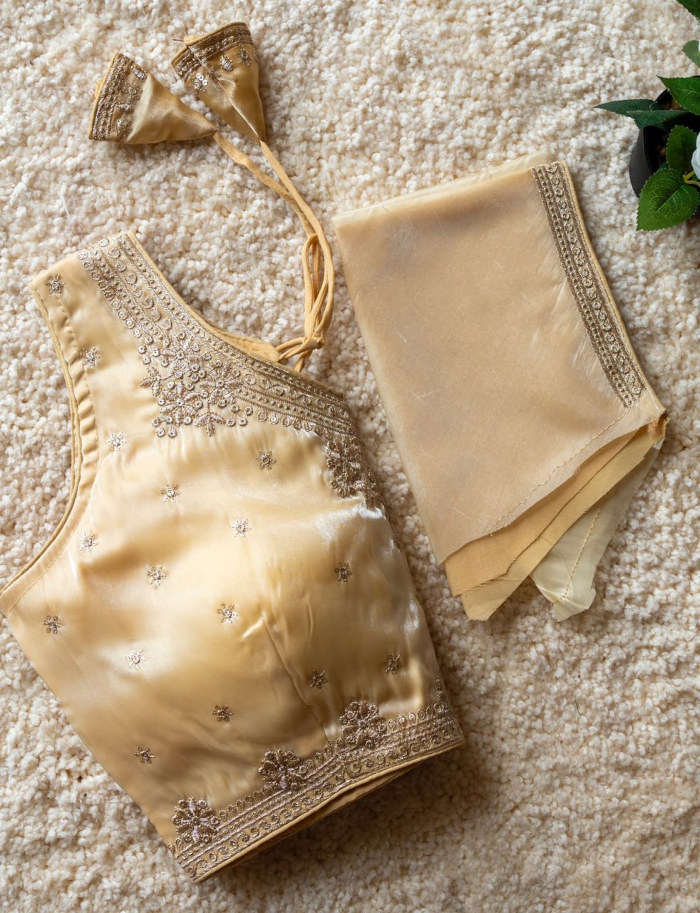 Jimmy Choo Fabric Sequin Embroidered V-Neck Blouse with Tussels