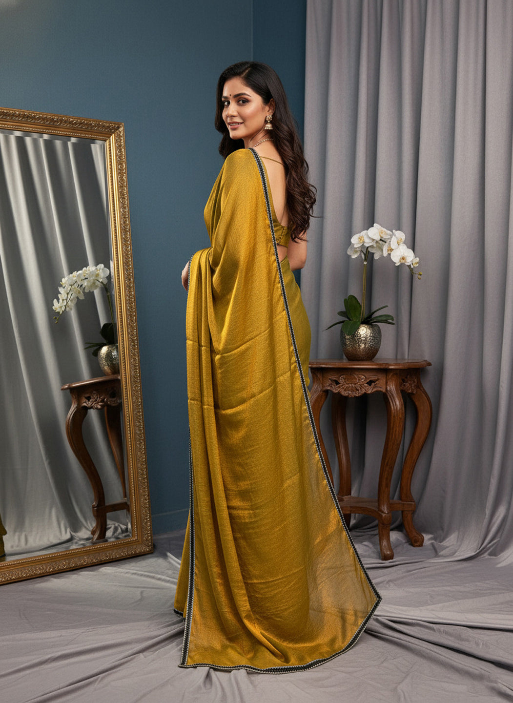 Party Wear Two-Tone Gold Saree with Delicate Beads and Stone Border
