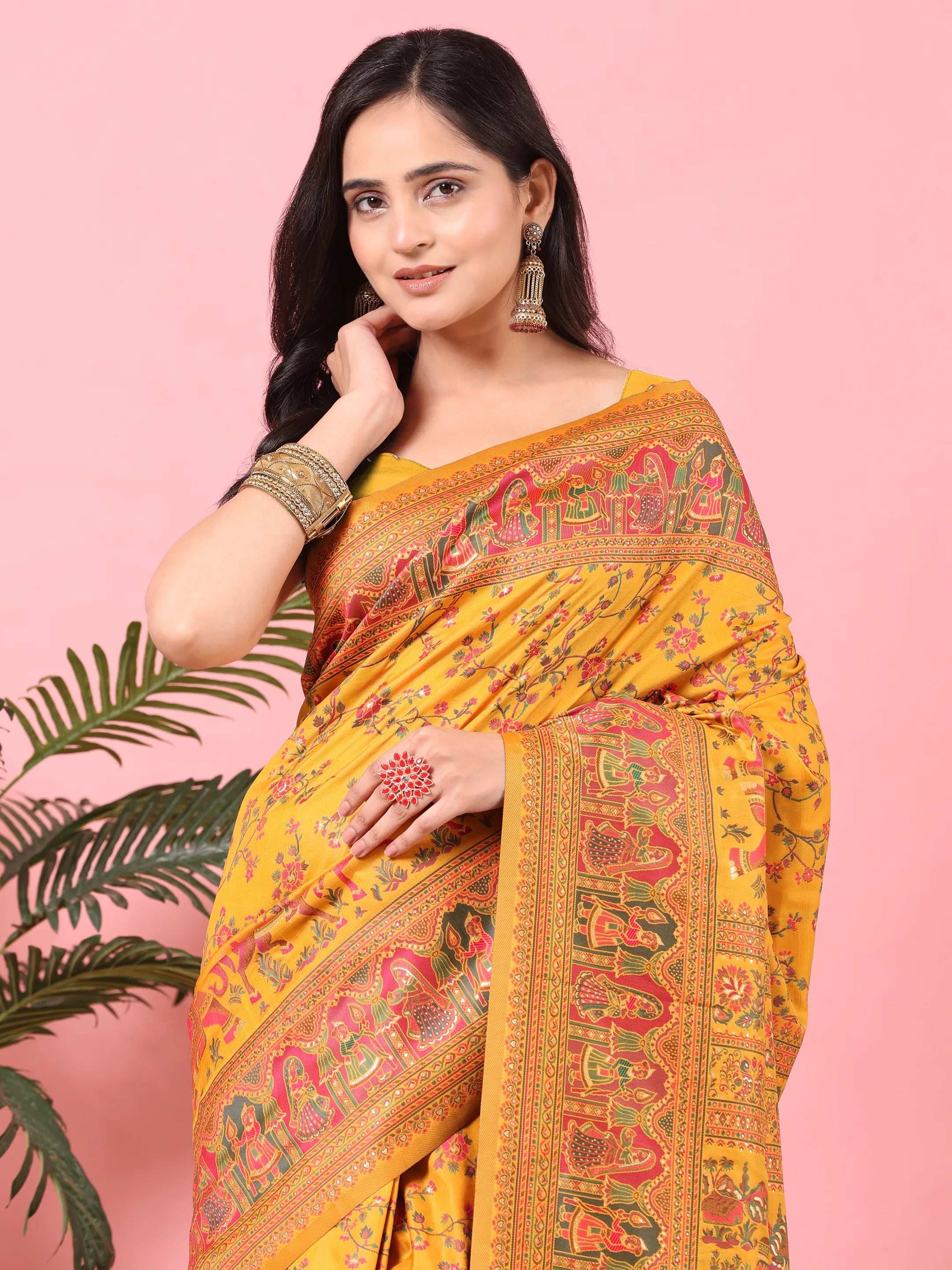 Floral Printed Woven Zari Pashmina Saree