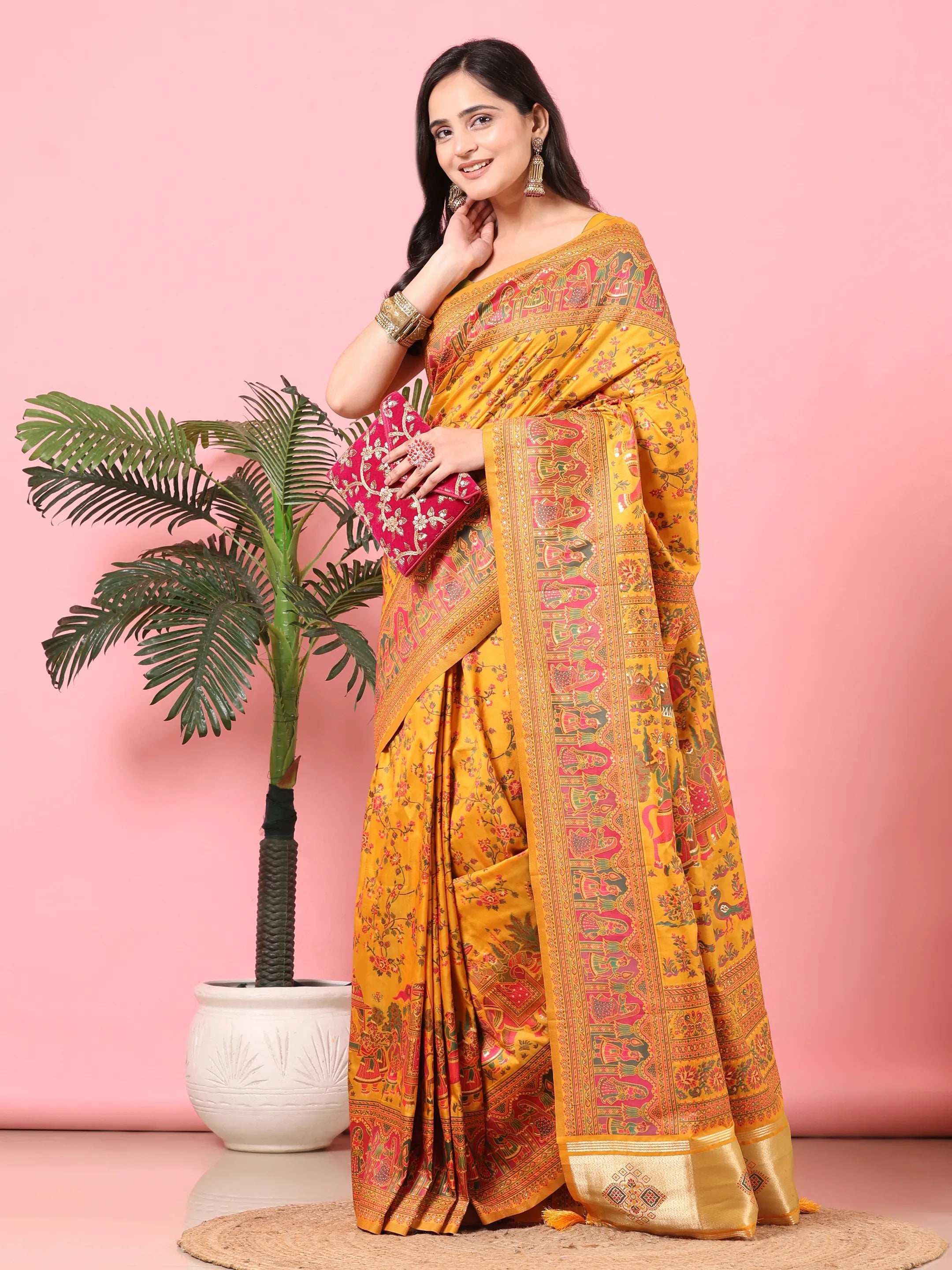 Floral Printed Woven Zari Pashmina Saree