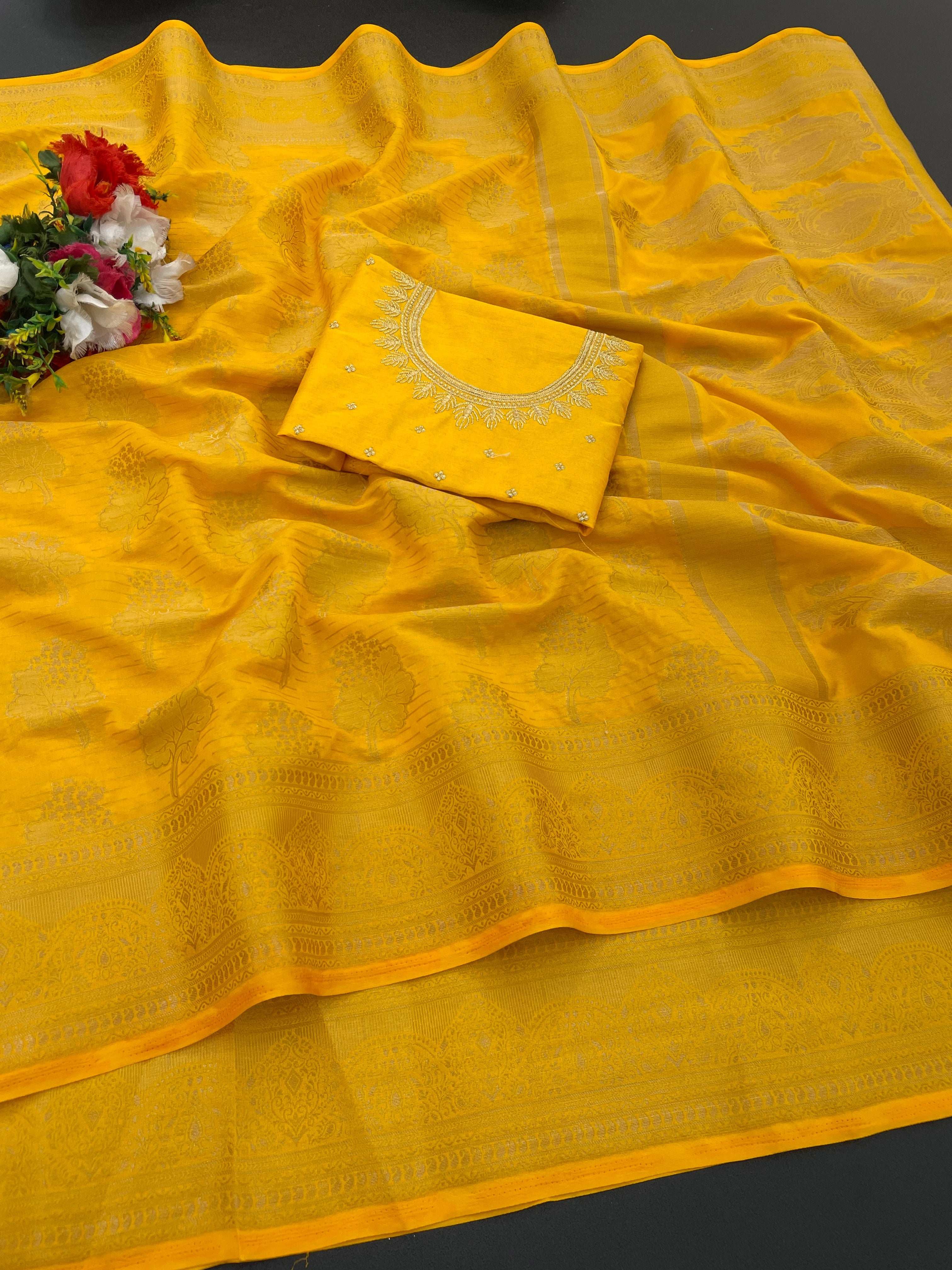 Banarasi Georgette Jacquard Saree With Embroidered Blouse