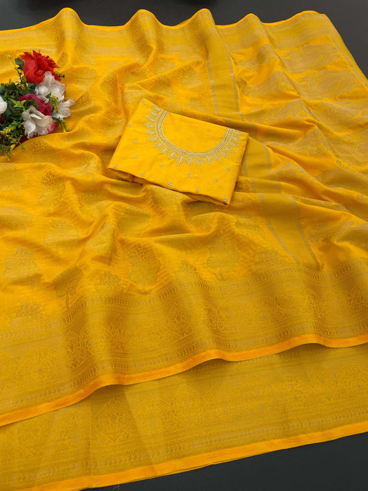 Banarasi Georgette Jacquard Saree With Embroidered Blouse
