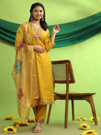 Roman Silk Embroidery Hand Work Kurta Pant Set With Dupatta