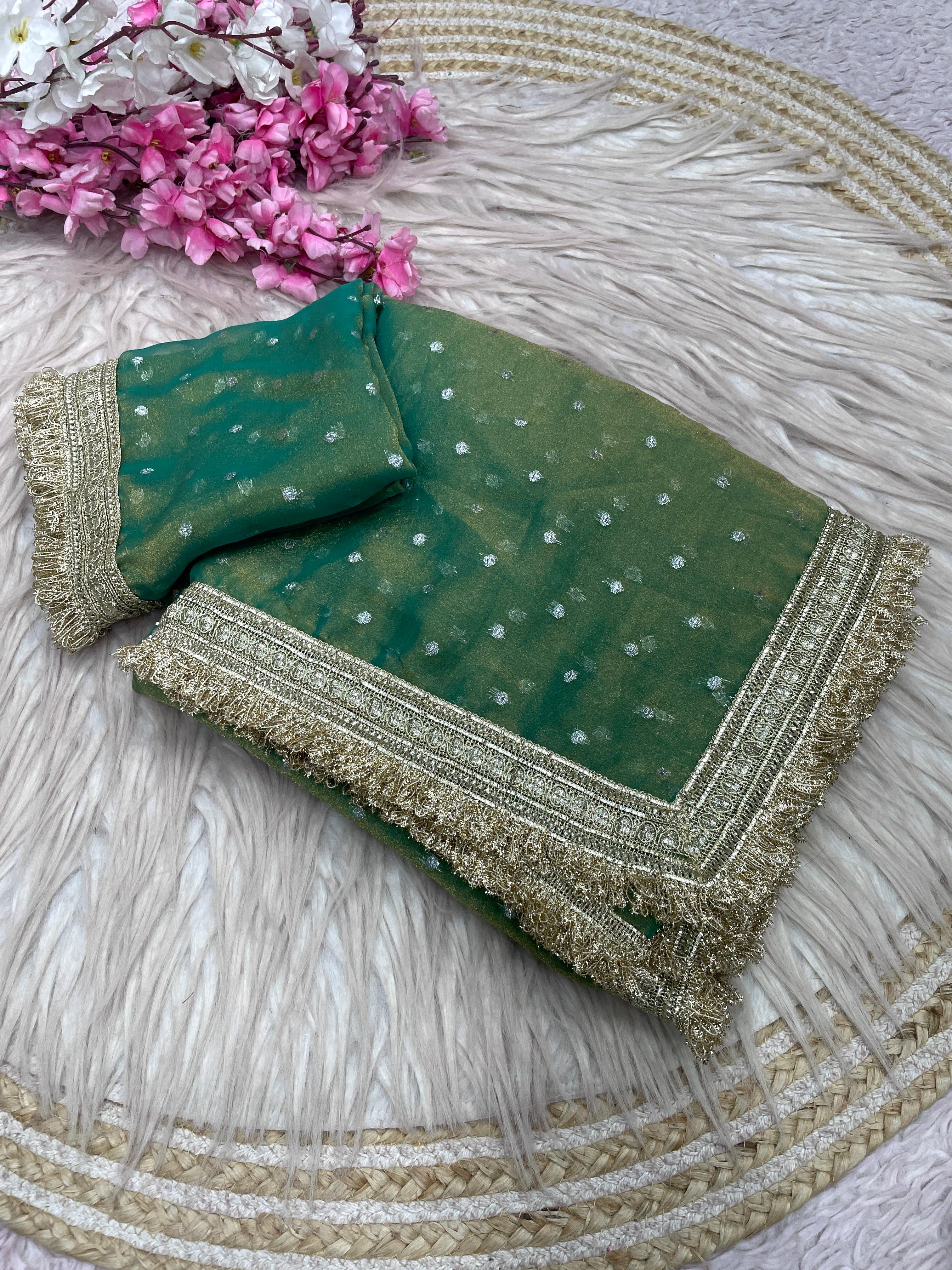 Moss Silk Jacquard Butti Saree with Fancy Lace Border