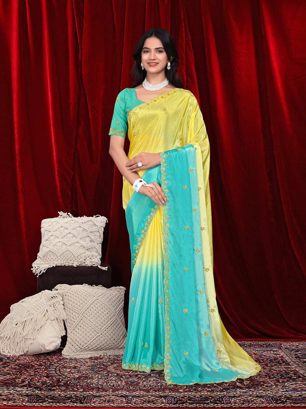 Chinon Saree in Dual Tone Shades with Embroidered Moti Border