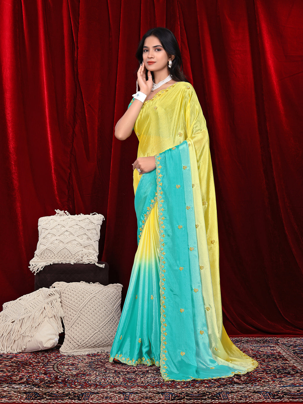 Chinon Saree in Dual Tone Shades with Embroidered Moti Border