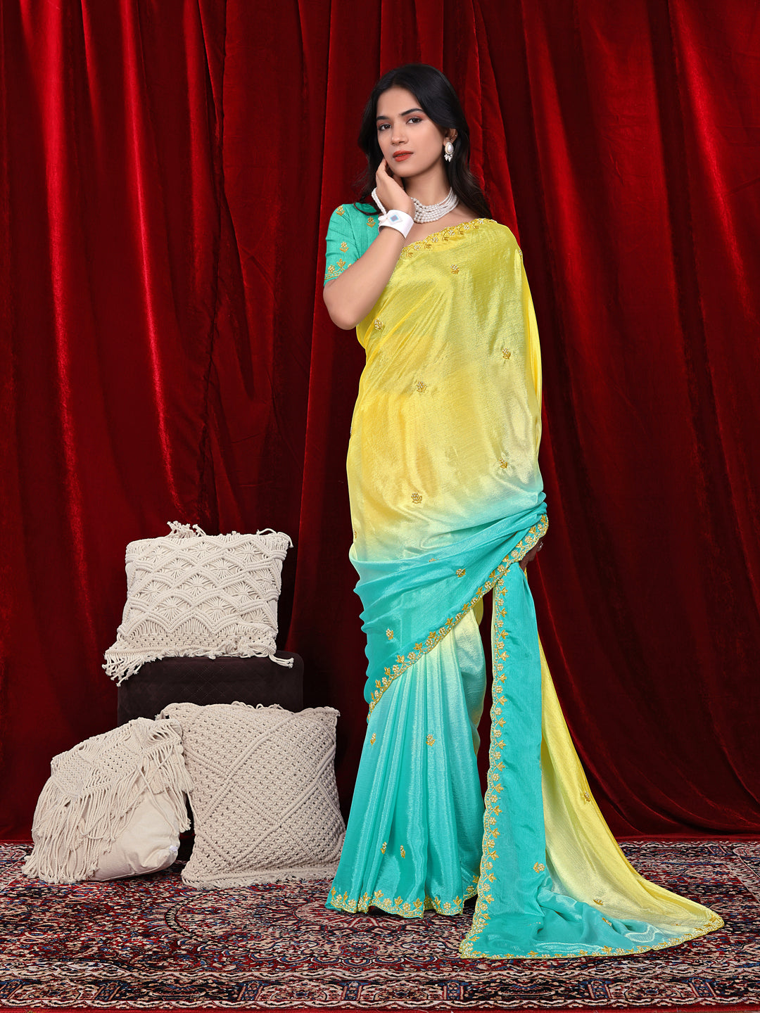 Chinon Saree in Dual Tone Shades with Embroidered Moti Border
