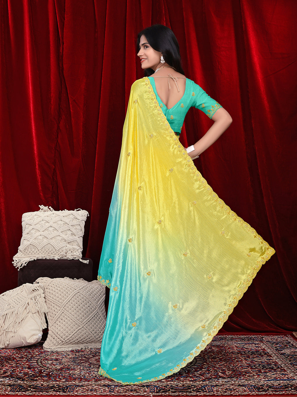 Chinon Saree in Dual Tone Shades with Embroidered Moti Border