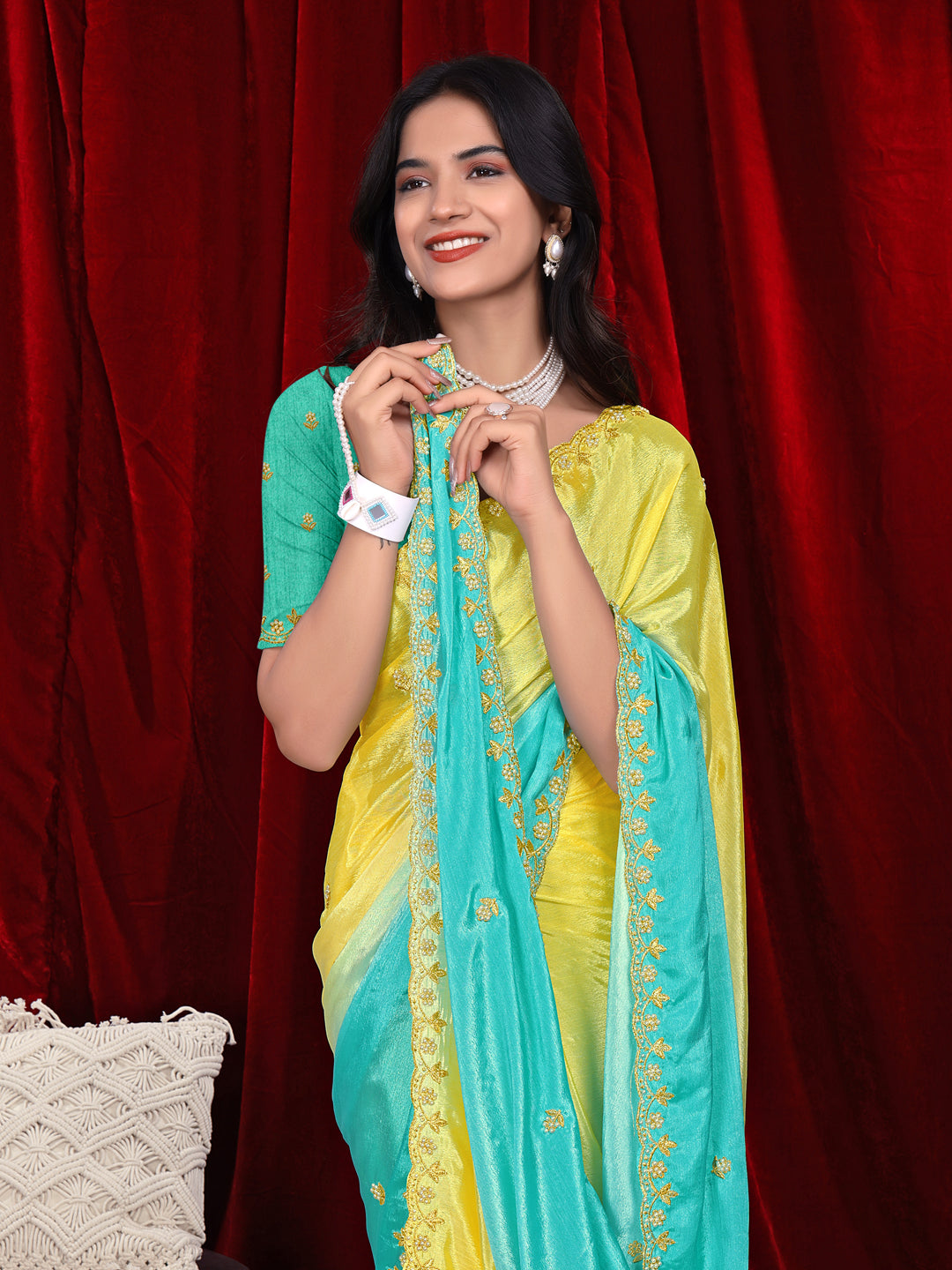 Chinon Saree in Dual Tone Shades with Embroidered Moti Border