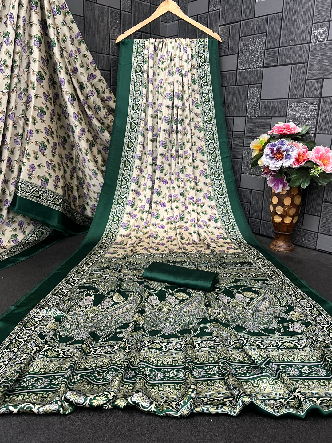 Satin Silk Saree with Floral & Paisley Prints
