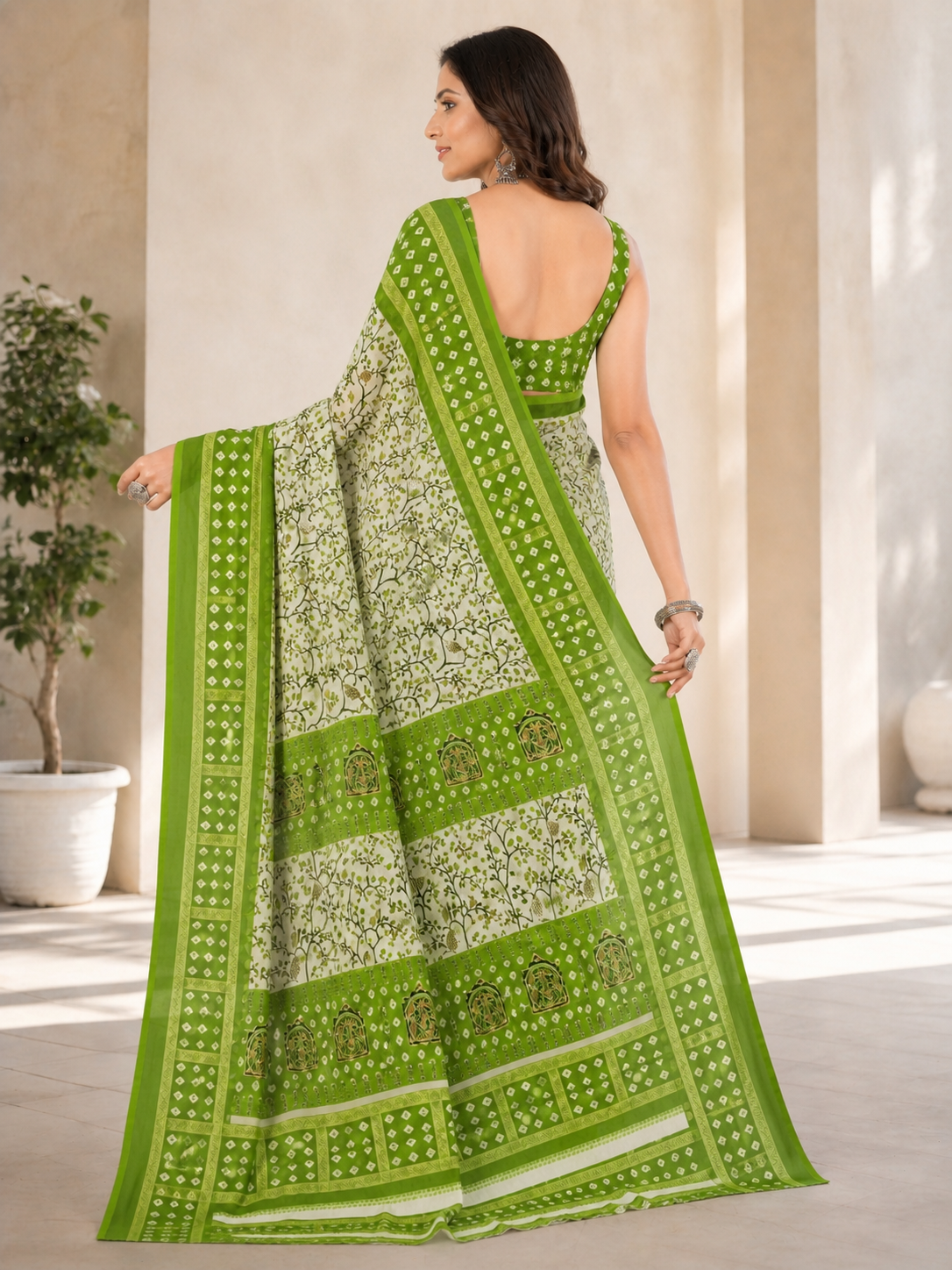 Women Printed Moss Chiffon Saree with Zari Border