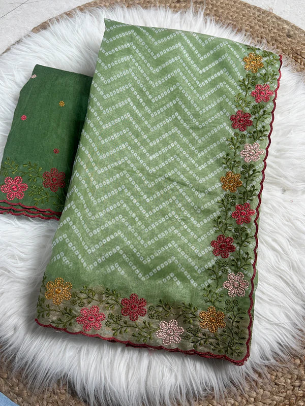 Bandhani Printed Cotton Silk Saree with Embroidery Work