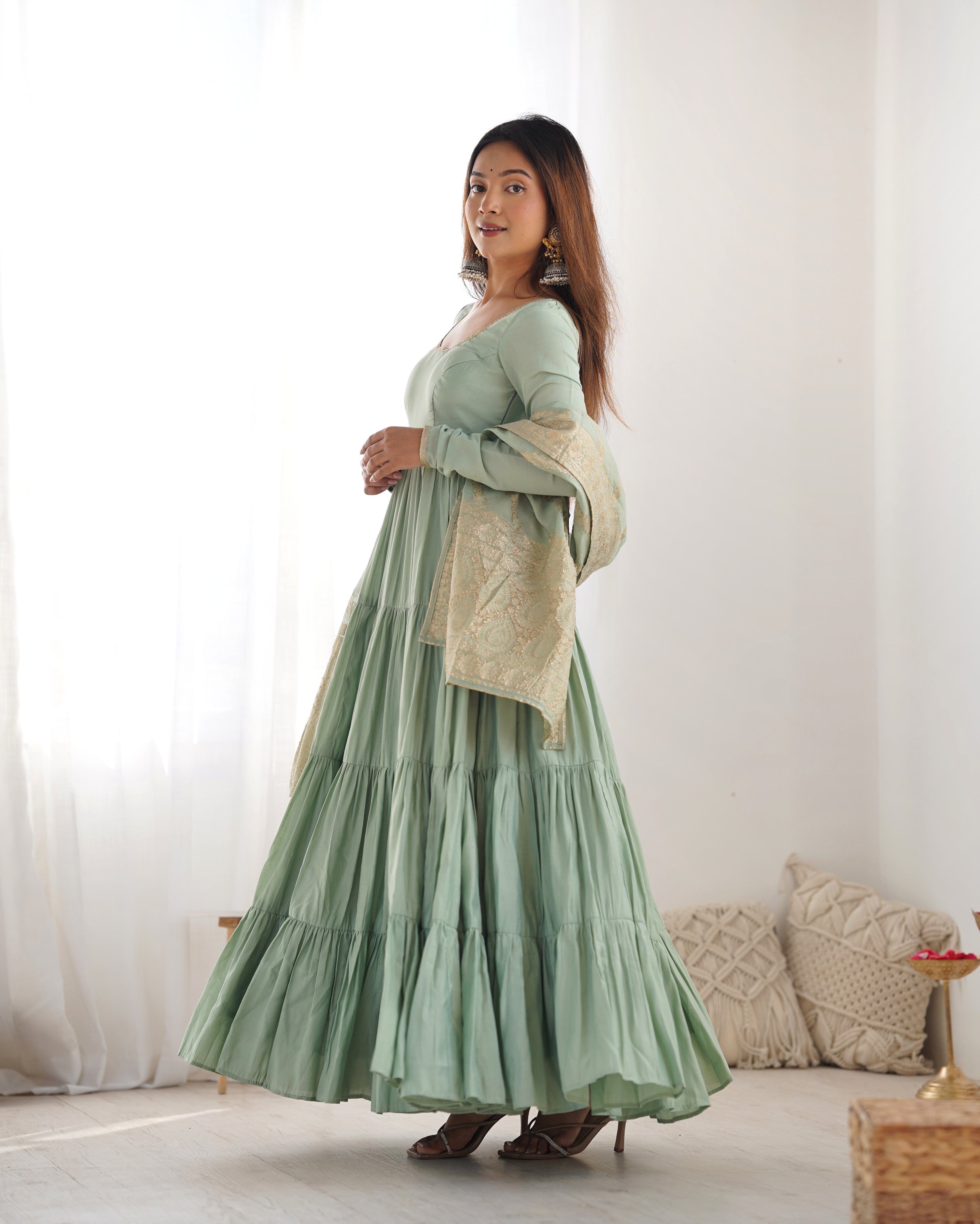 Roman Silk Chanderi Fully Flared Anarkali Suit Set