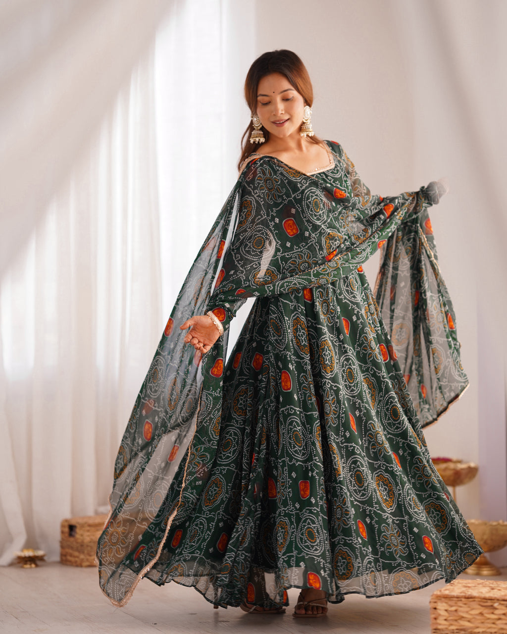 Women Bandhej Printed Chiffon Anarkali Kurta with Dupatta Set