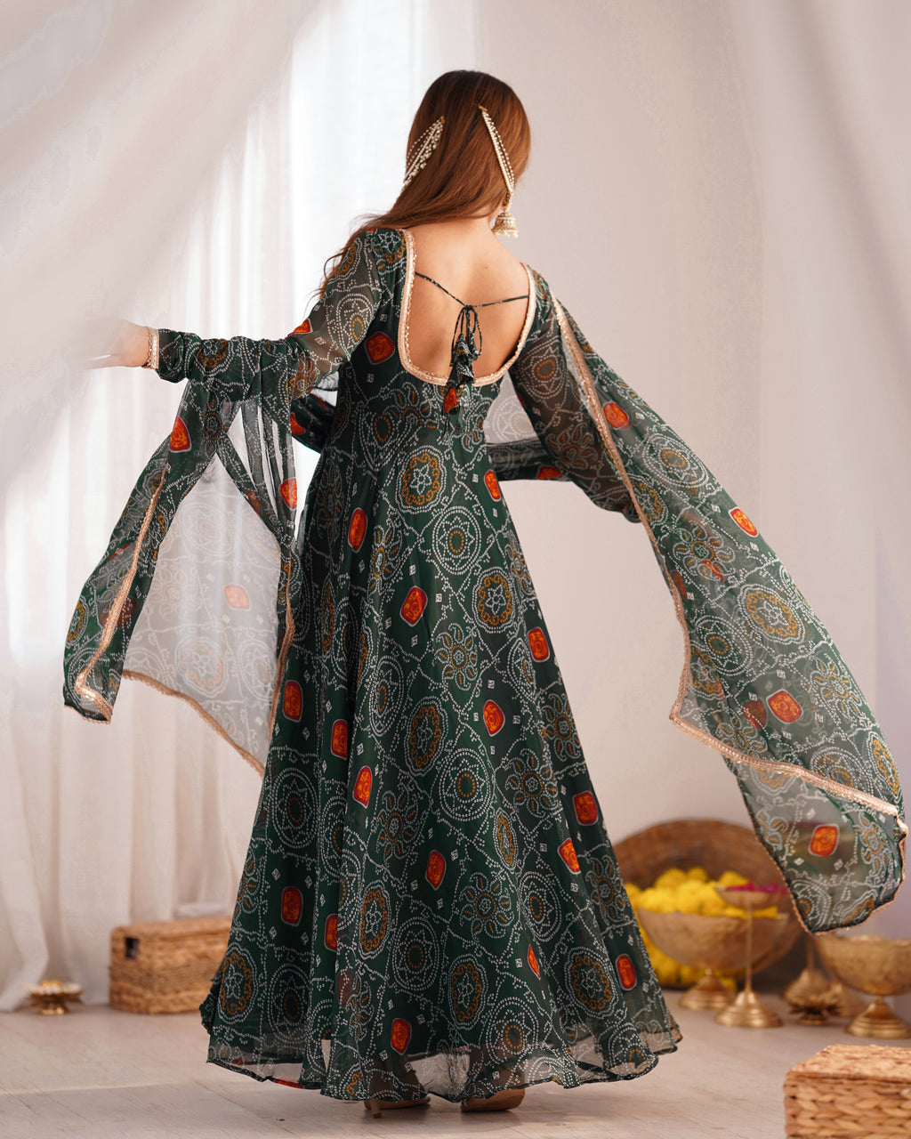 Women Bandhej Printed Chiffon Anarkali Kurta with Dupatta Set