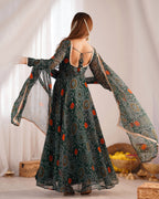 Women Bandhej Printed Chiffon Anarkali Kurta with Dupatta Set