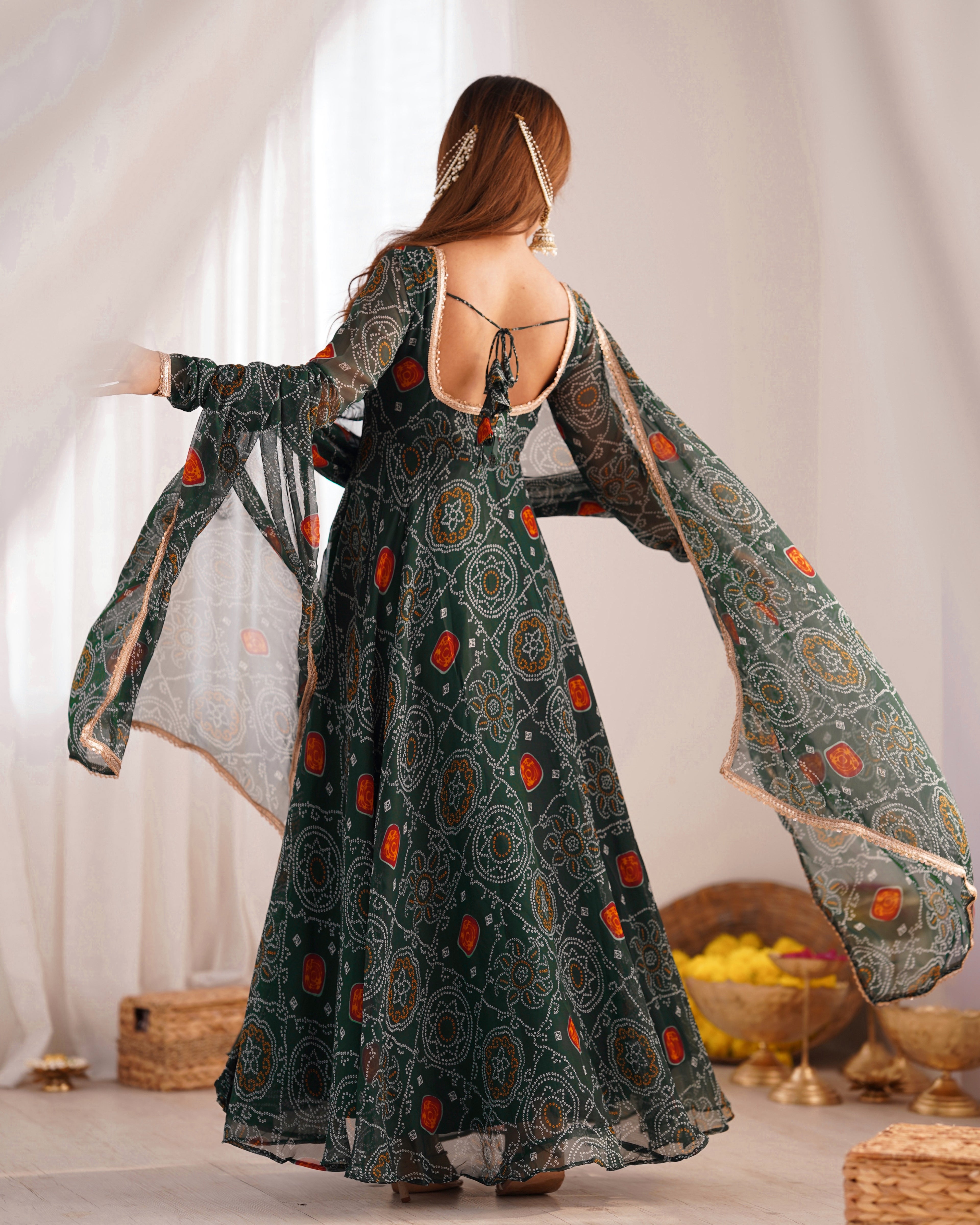 Women Bandhej Printed Chiffon Anarkali Kurta with Dupatta Set