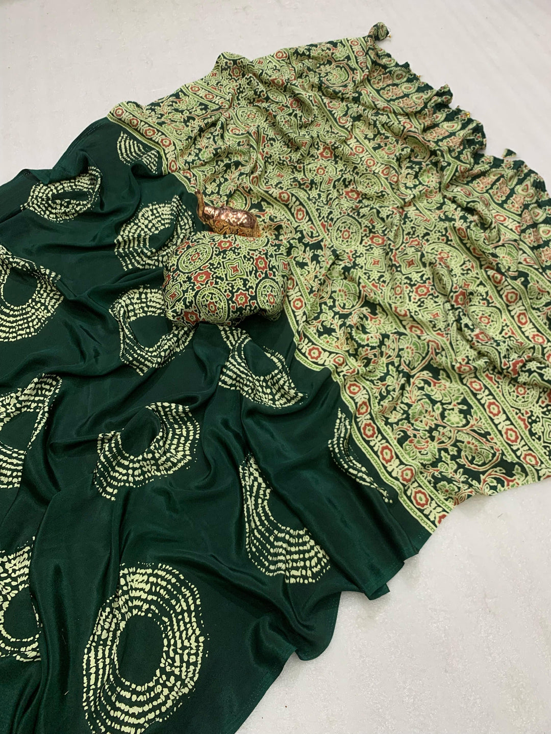 Satin Silk Saree with Ajrakh-Inspired Print & Circular Pallu Design