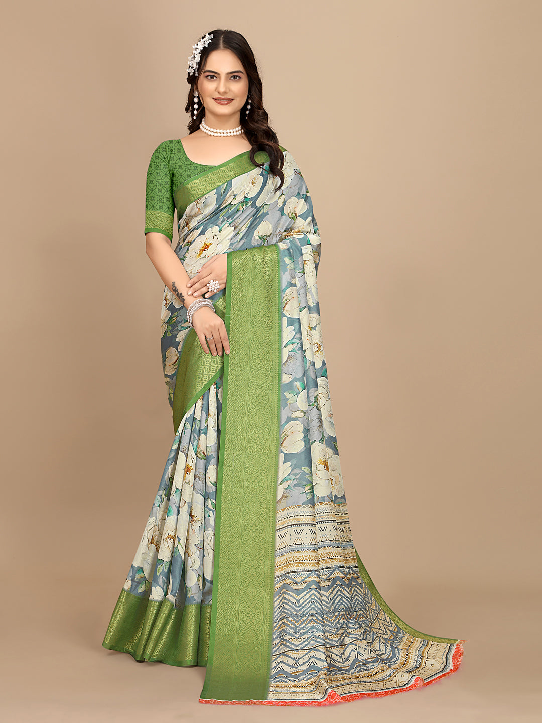 Moss Chiffon Digital Print Woven Border Saree