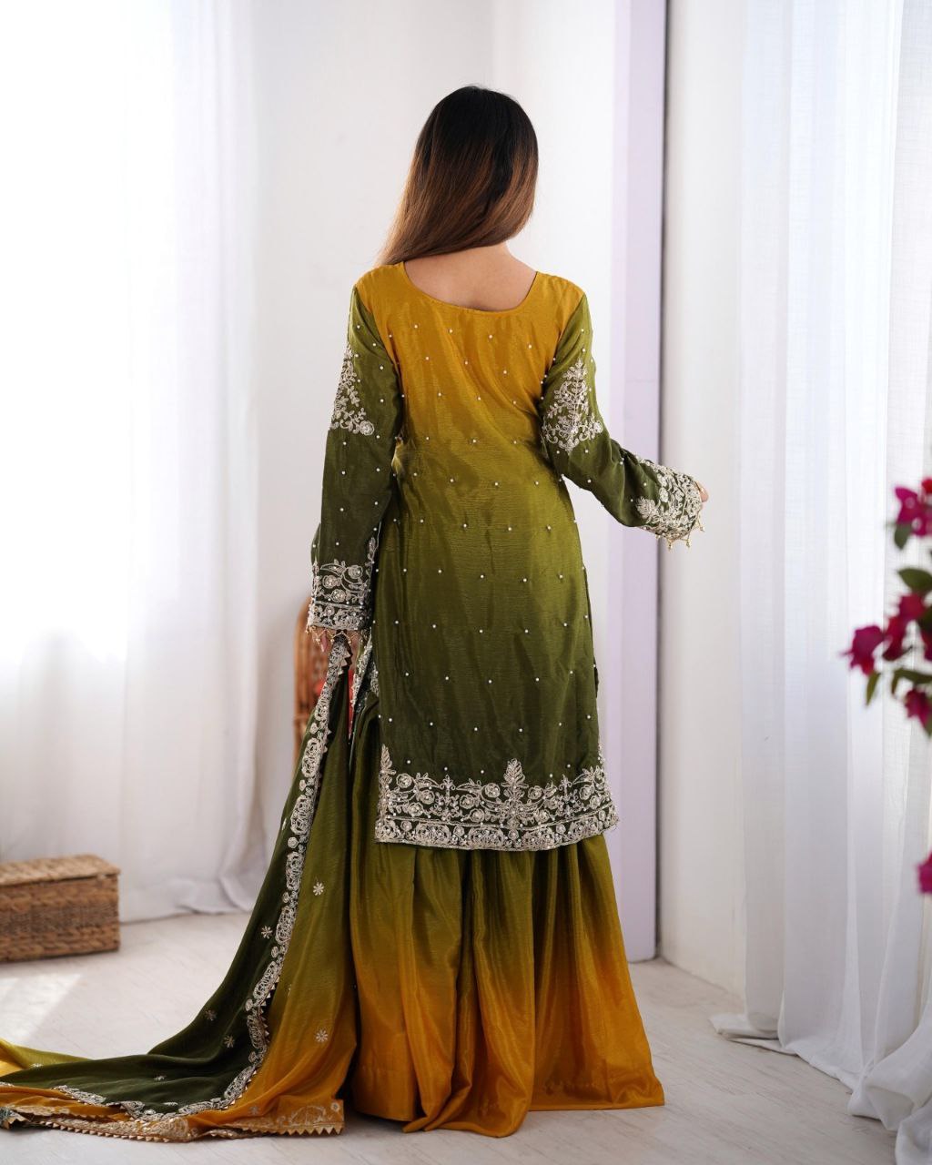 Chinon Embroidered Kurta with Sharara & Dupatta Set