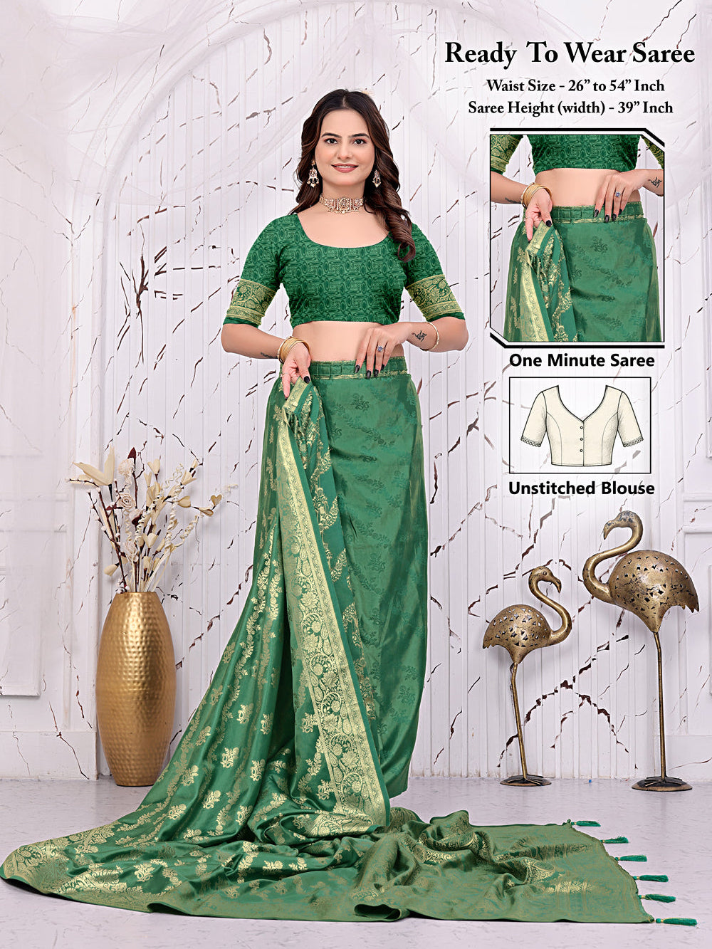 Satin Silk Banarasi Ready-to-Wear Saree with Woven Zari Motifs and Decorative Pallu.