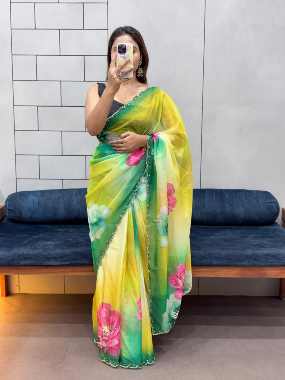 Celebrity Style Floral Print Tabi Organza Saree with Exquisite Handwork