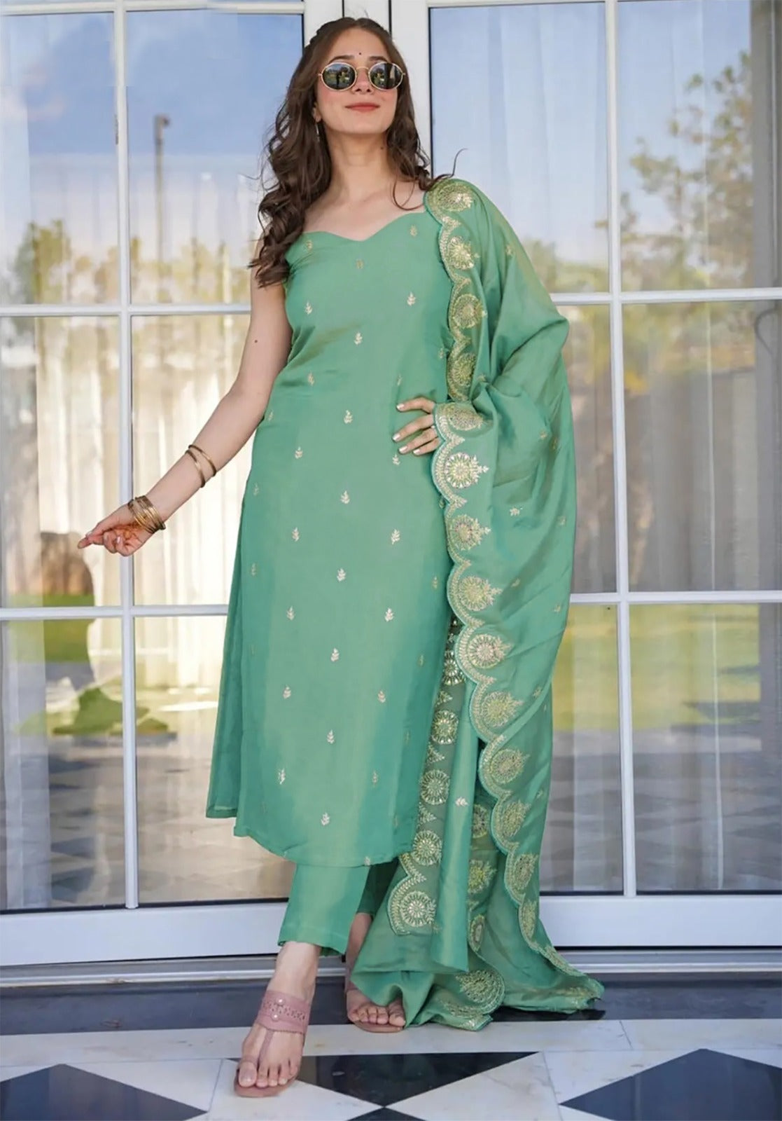 Roman Silk  Embroidered Kurta With Pant Dupatta Set