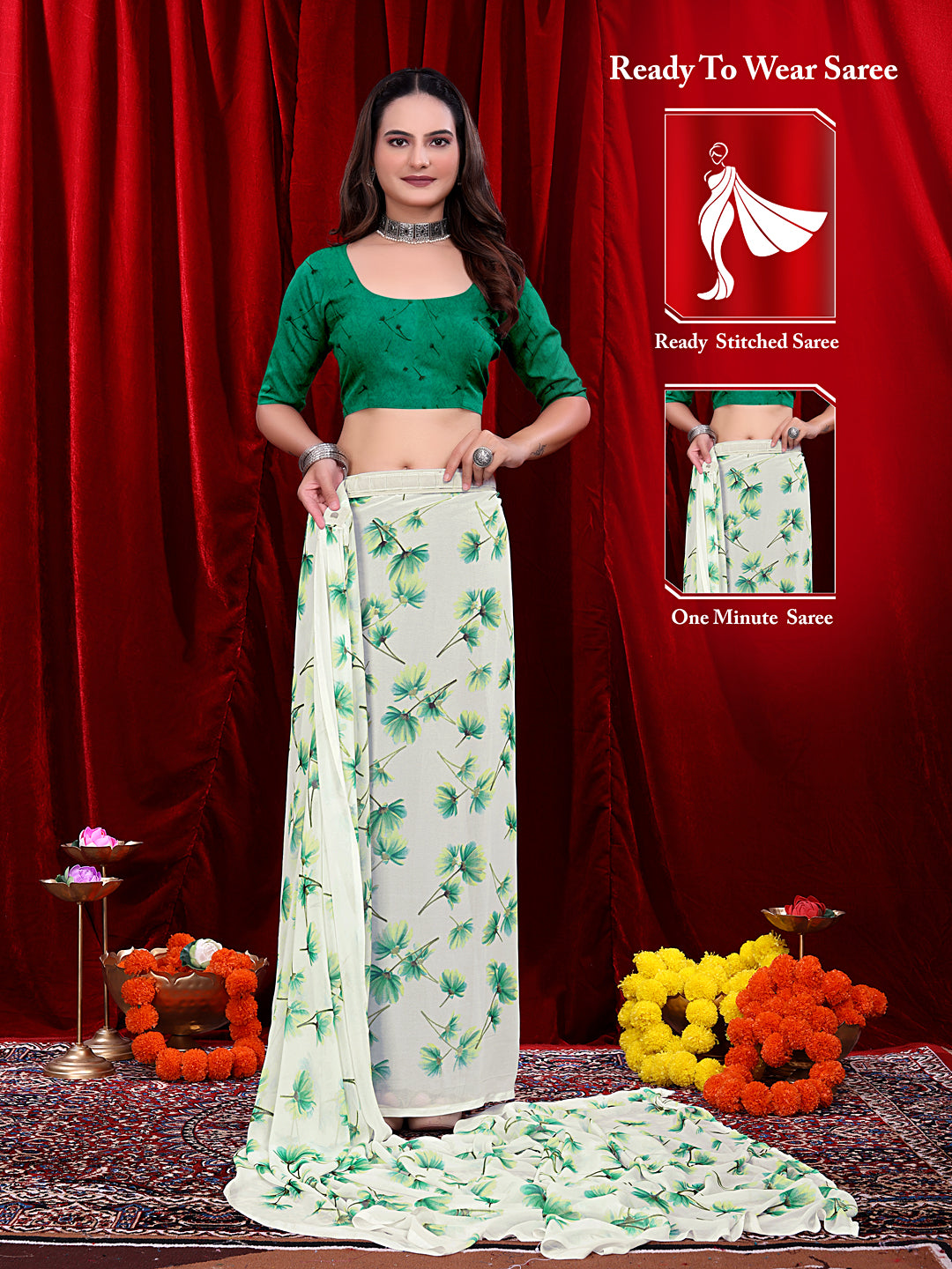 Women's Ready-to-wear Floral Printed Georgette Saree