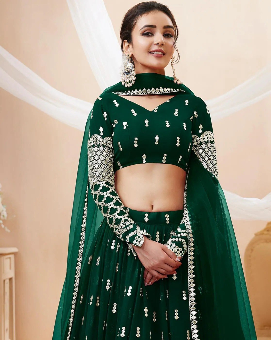 Georgette Semi-Stitched Lehenga with Thread Work & Embroidered Dupatta Set