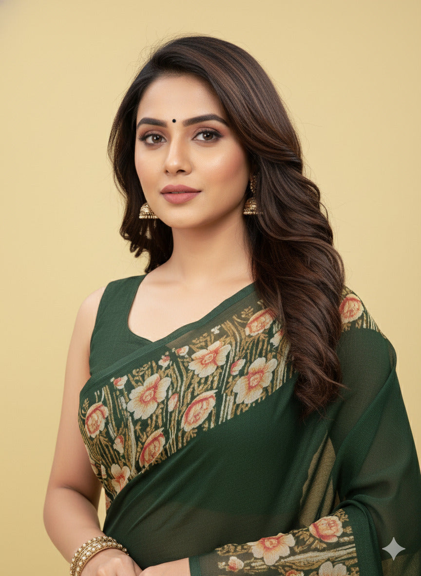 Elegant Floral Border Print Georgette Border Saree