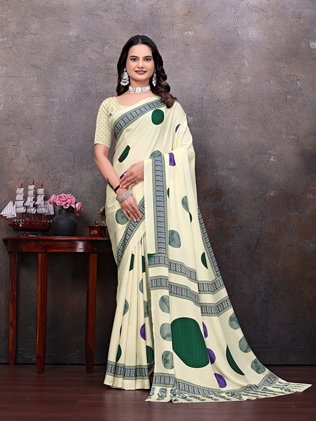 Crepe Silk Casual Wear Cream Color  Saree