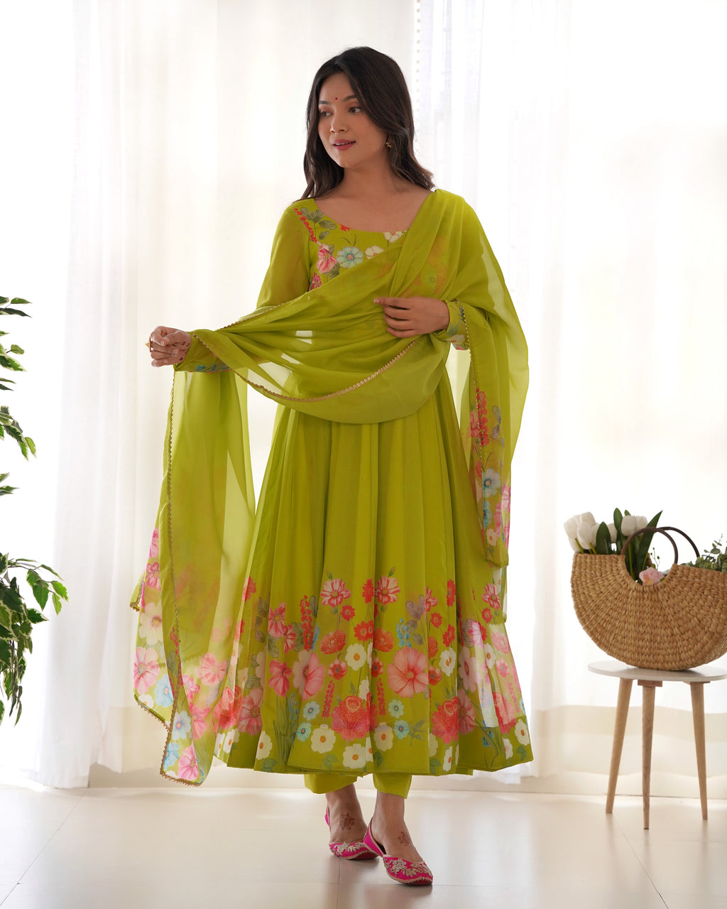 Women Floral Printed Organza Silk Flared Anarkali Kurta Set