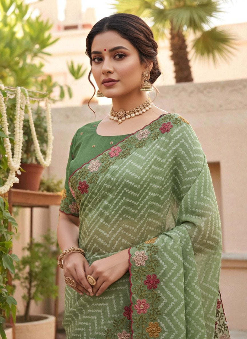 Woman wearing a saree with floral patterns green