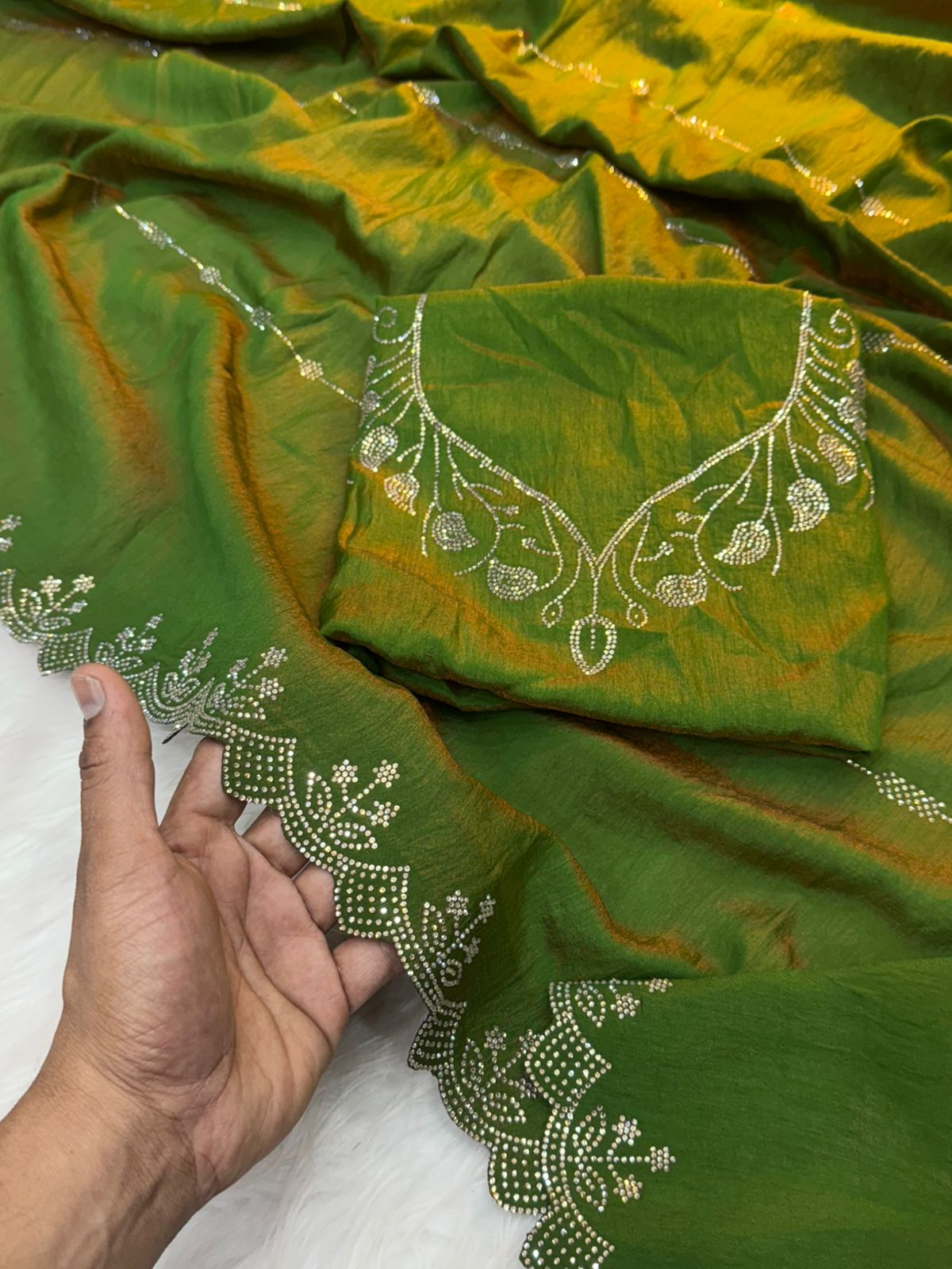 Two-Tone Chocolate Saree with Diamond Panel Handwork and All-Over Cutwork