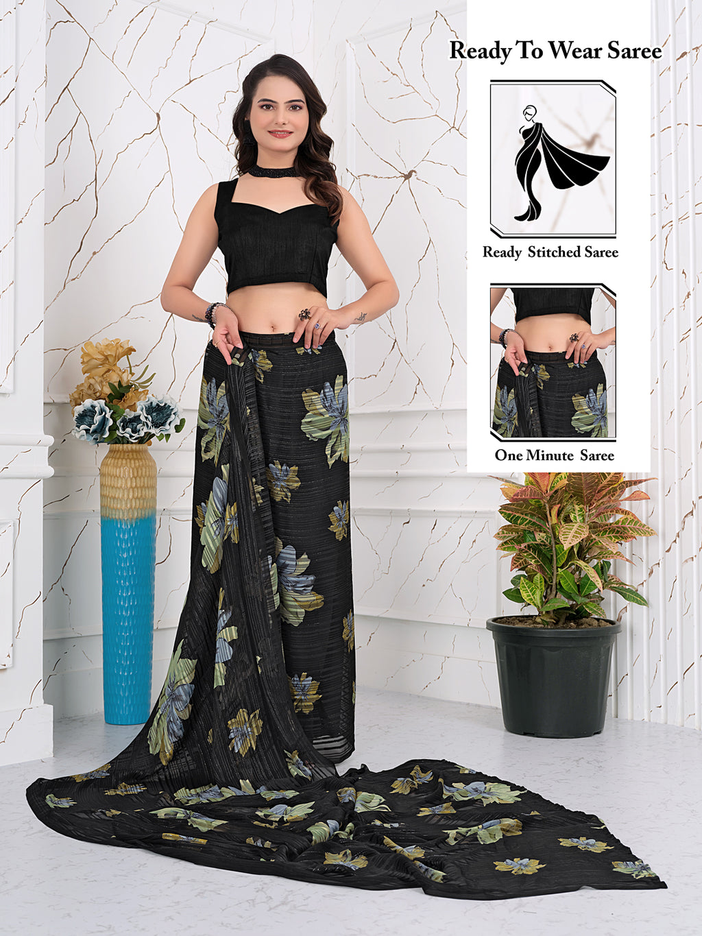 Ready-to-Wear Chiffon Saree with Zari Lines for Party Look
