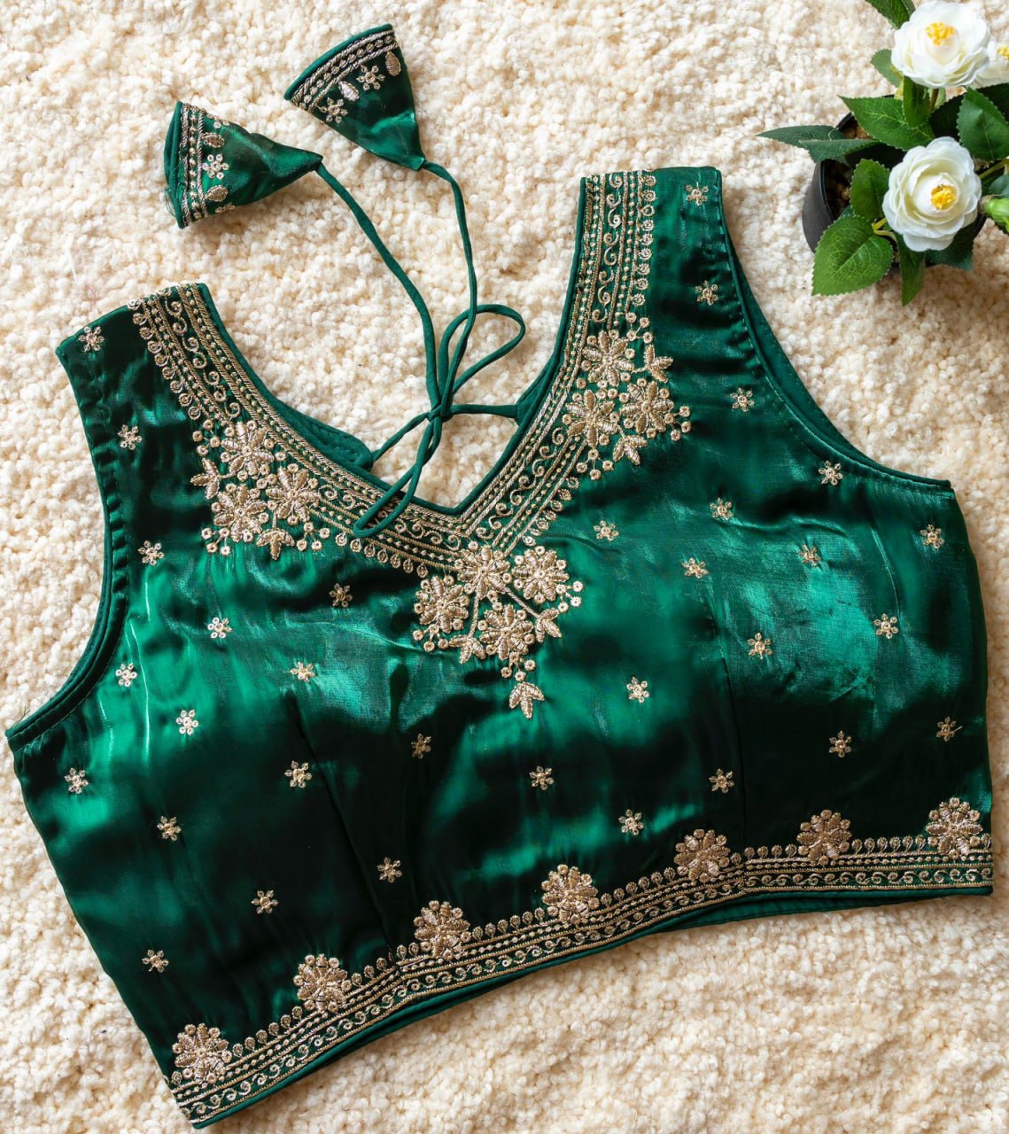 Jimmy Choo Fabric Sequin Embroidered V-Neck Blouse with Tussels