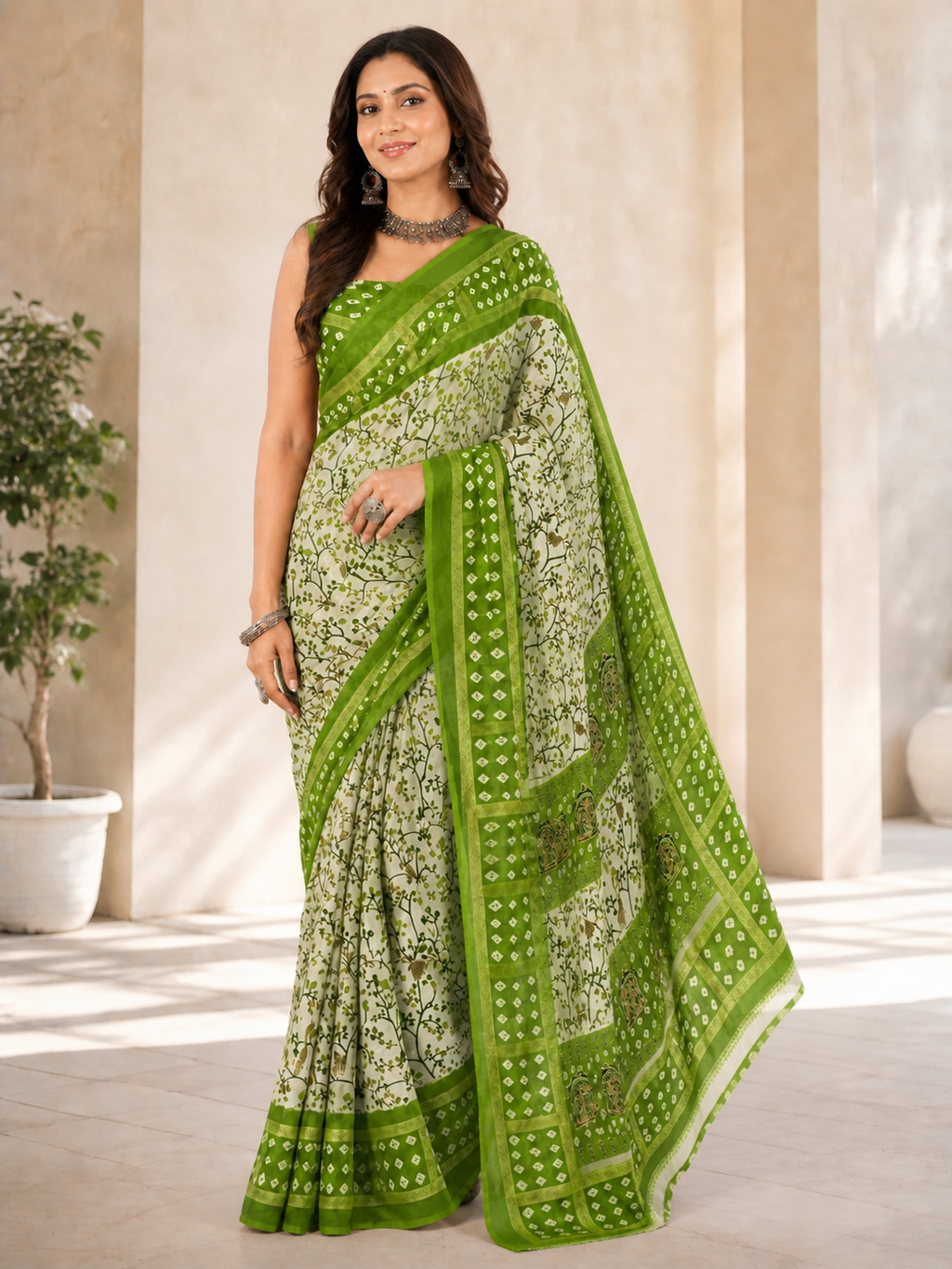 Women Printed Moss Chiffon Saree with Zari Border