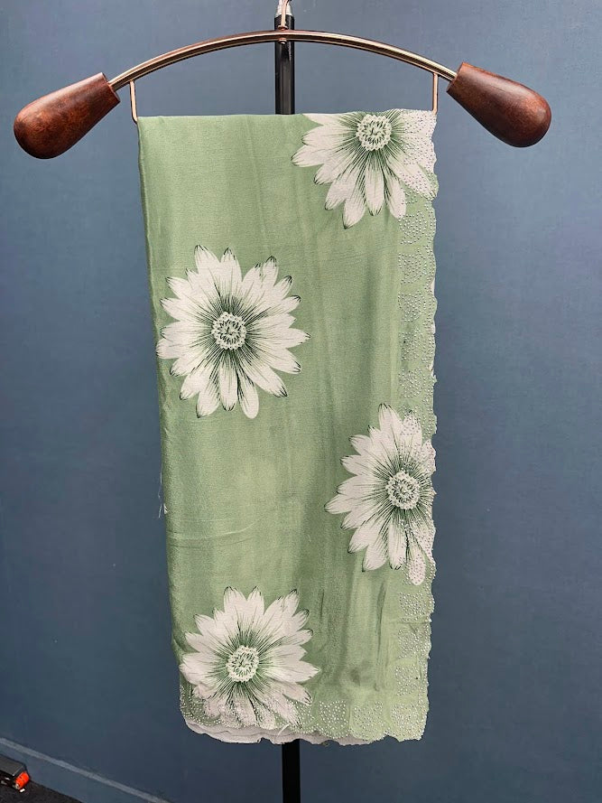 Elegant Printed Chinon Saree with Sparkling Siroksi Diamond Work Border