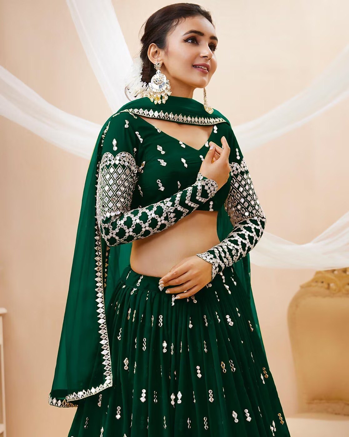 Georgette Semi-Stitched Lehenga with Thread Work & Embroidered Dupatta Set