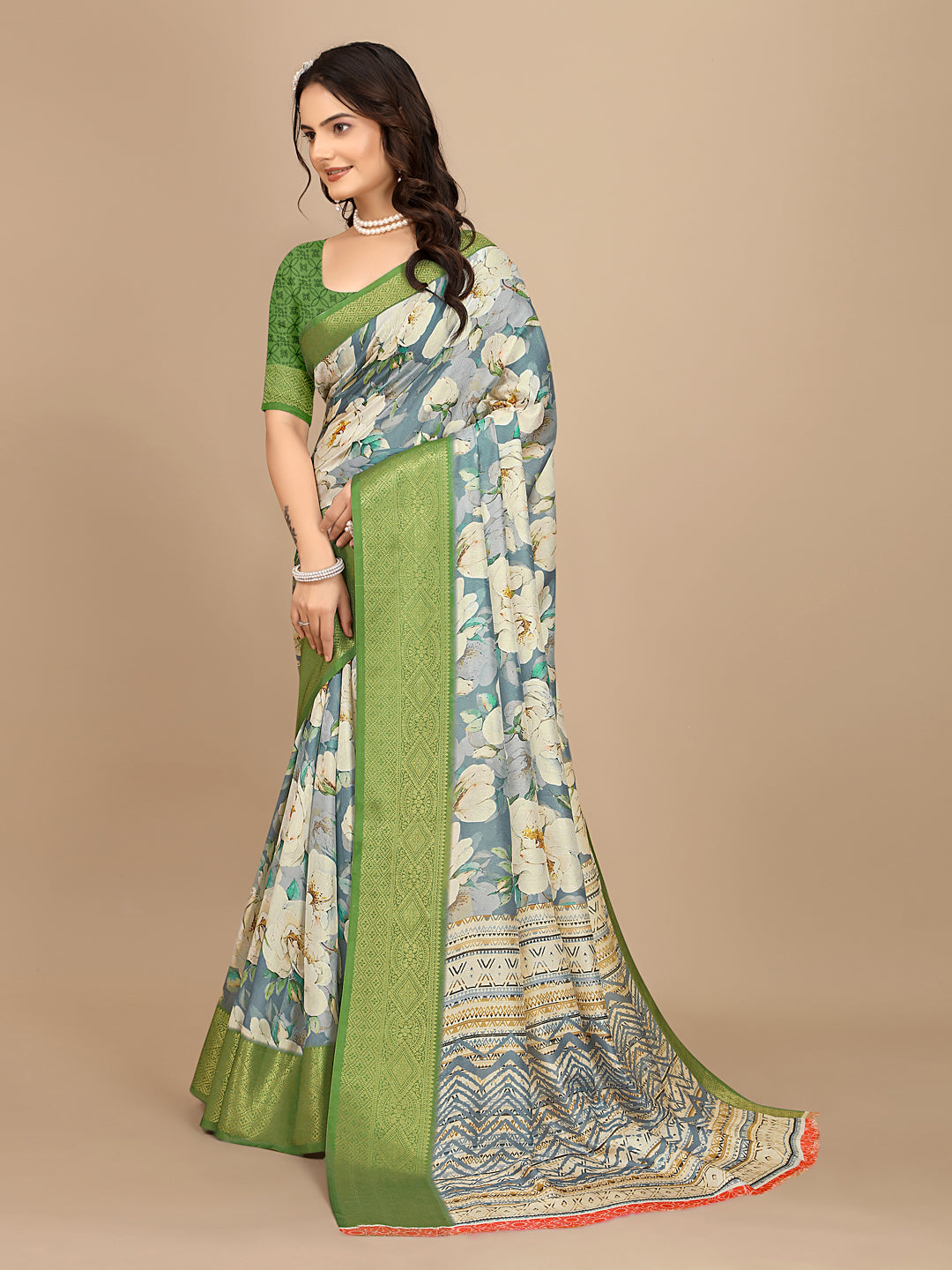 Moss Chiffon Digital Print Woven Border Saree