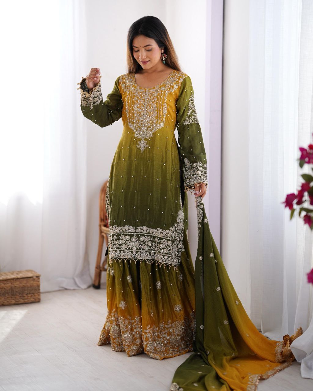 Chinon Embroidered Kurta with Sharara & Dupatta Set