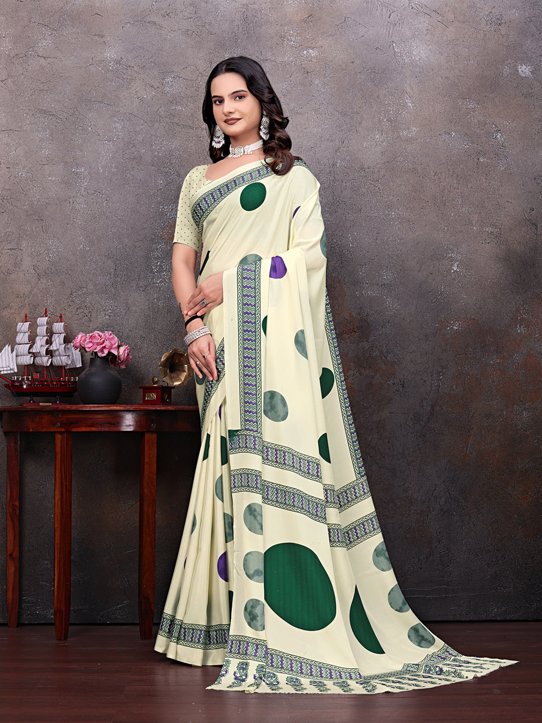 Crepe Silk Casual Wear Cream Color  Saree