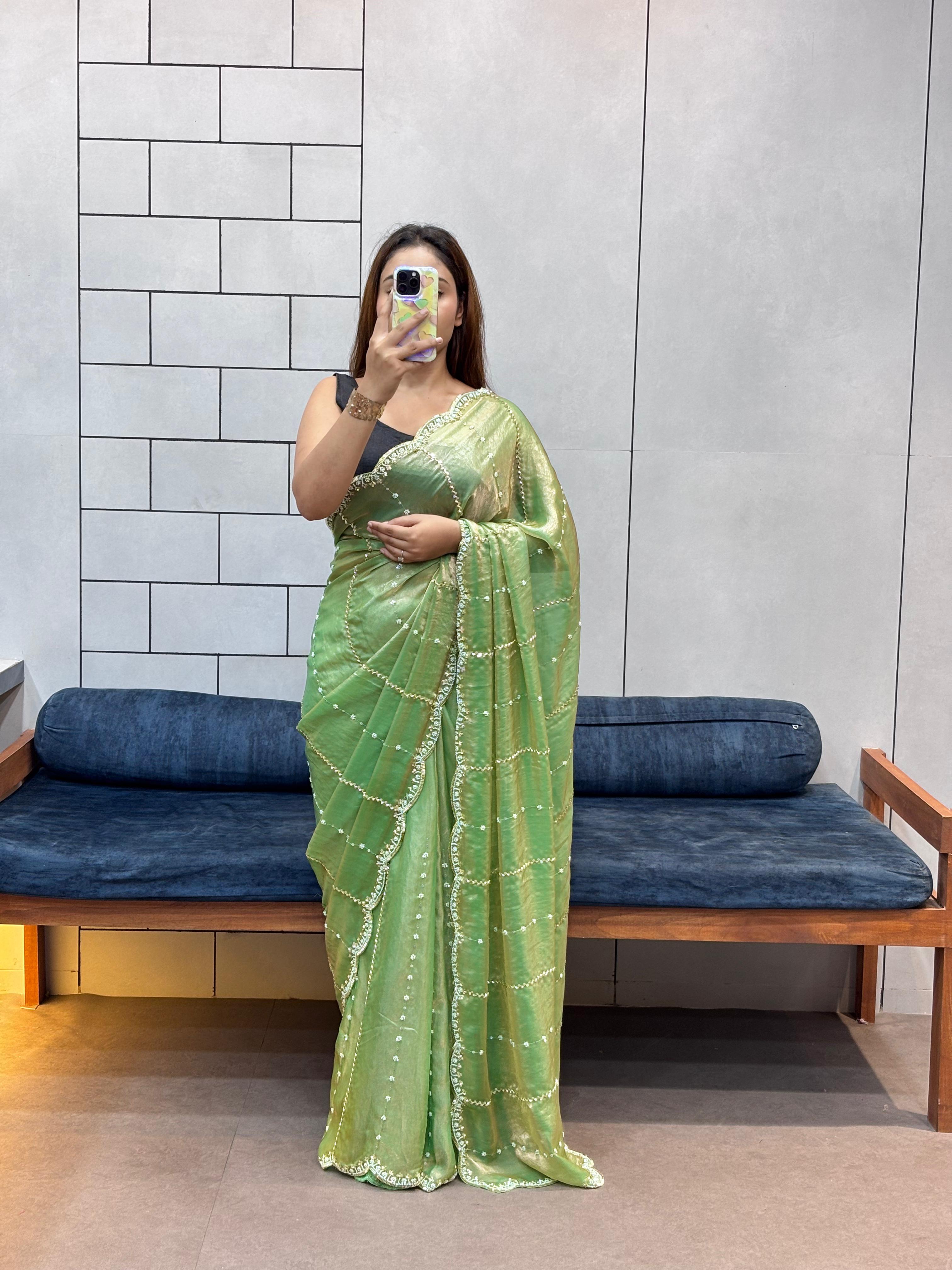 Hand-Embellished Silk Saree with Moti, Cutdana & Sequin Work