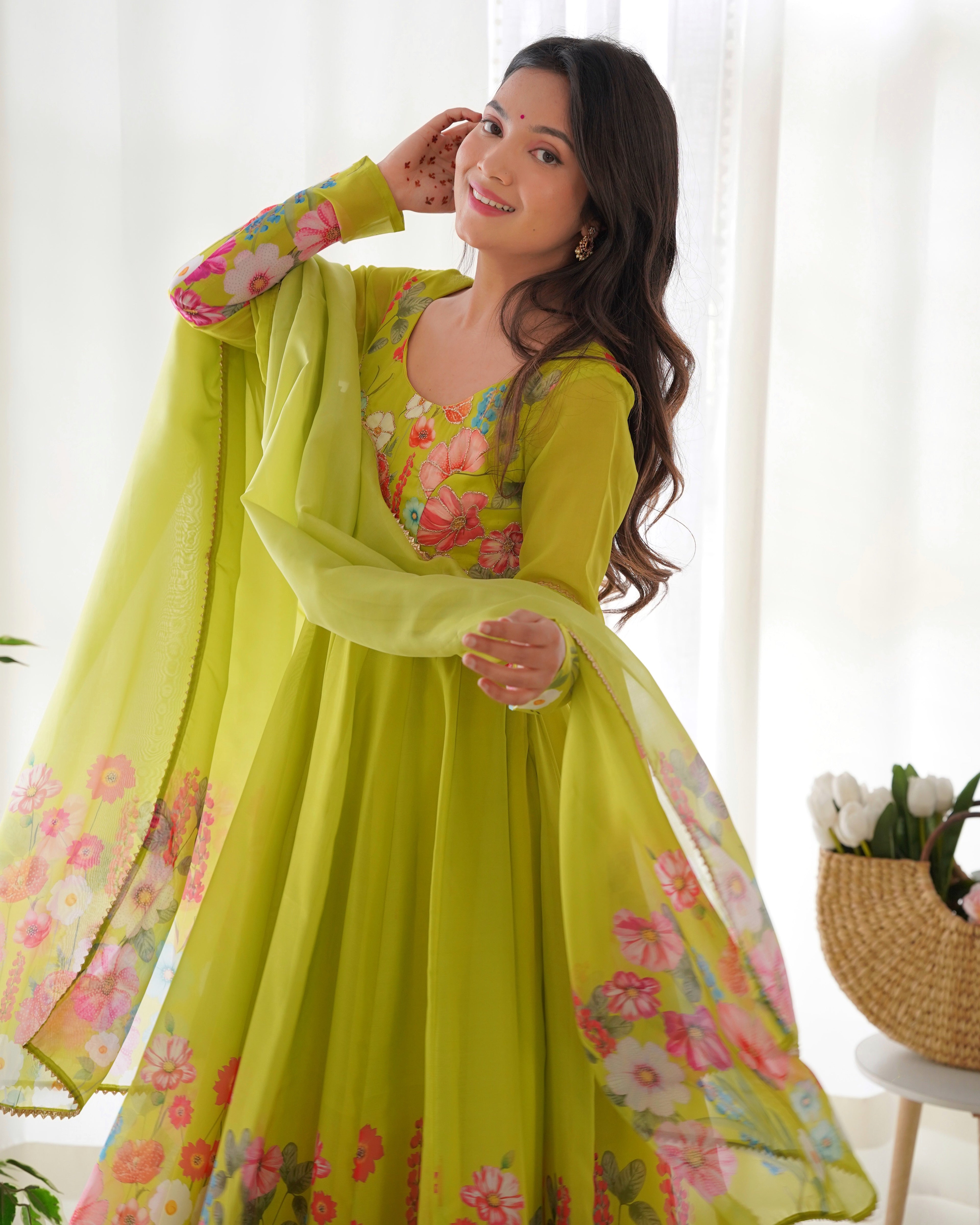 Women Floral Printed Organza Silk Flared Anarkali Kurta Set