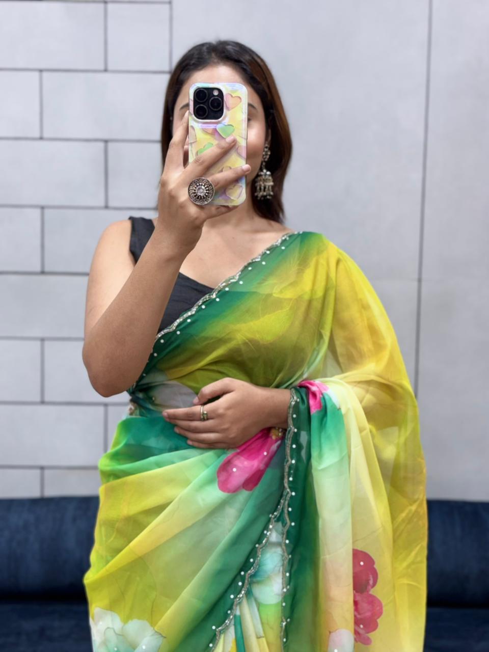 Celebrity Style Floral Print Tabi Organza Saree with Exquisite Handwork