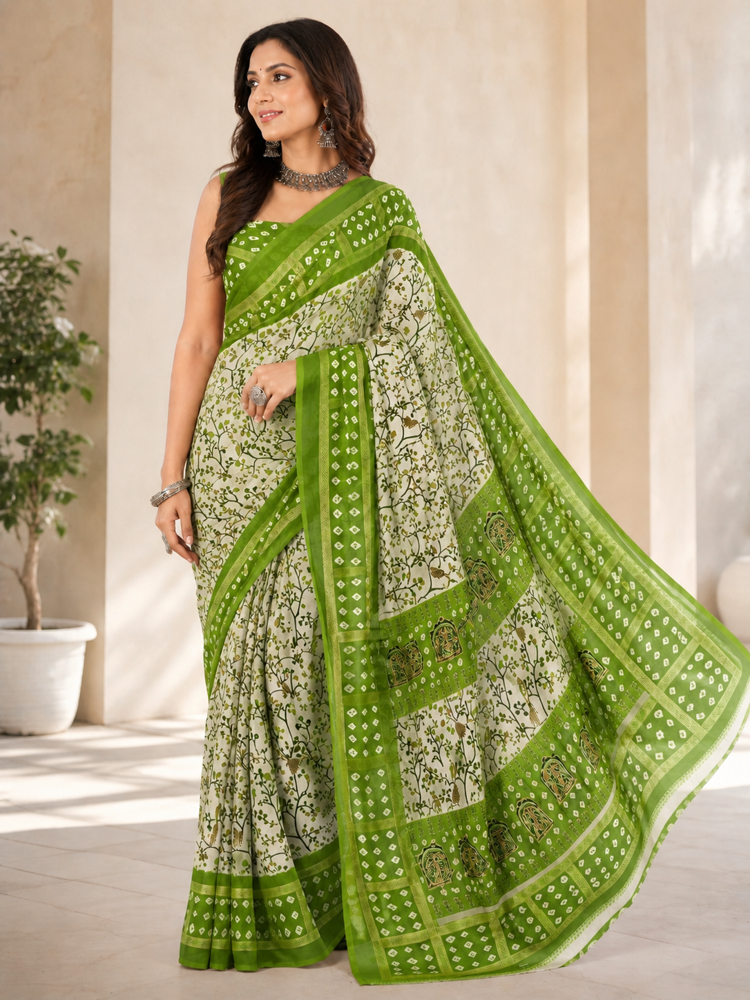 Women Printed Moss Chiffon Saree with Zari Border