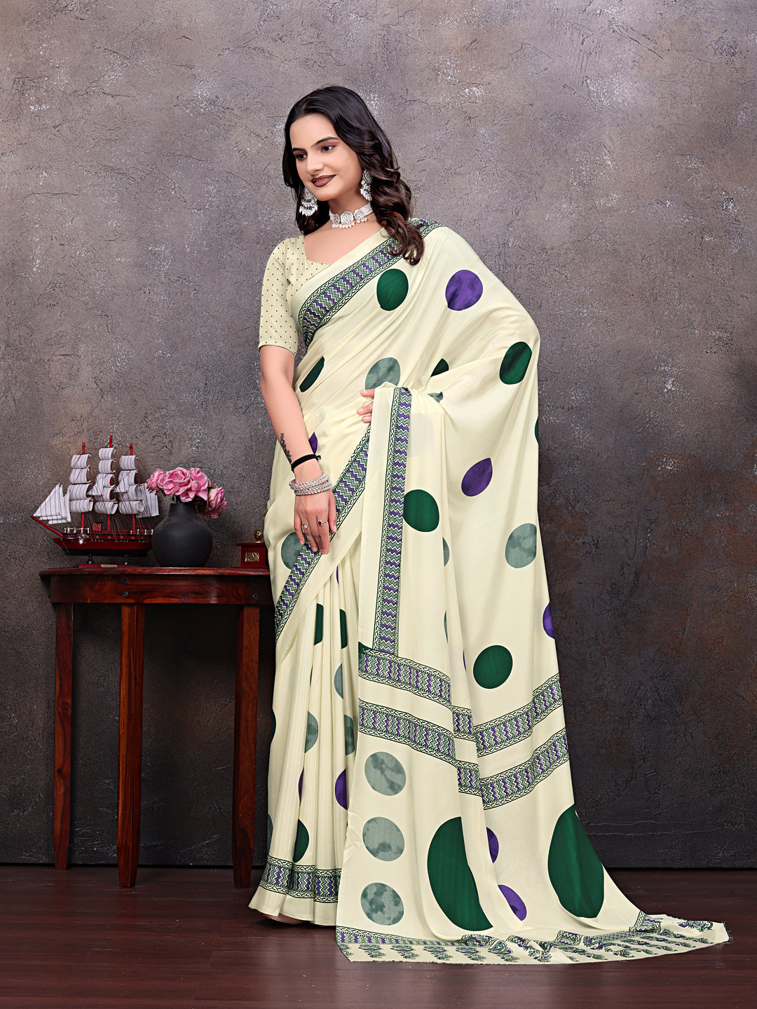 Crepe Silk Casual Wear Cream Color  Saree