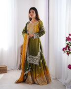 Chinon Embroidered Kurta with Sharara & Dupatta Set
