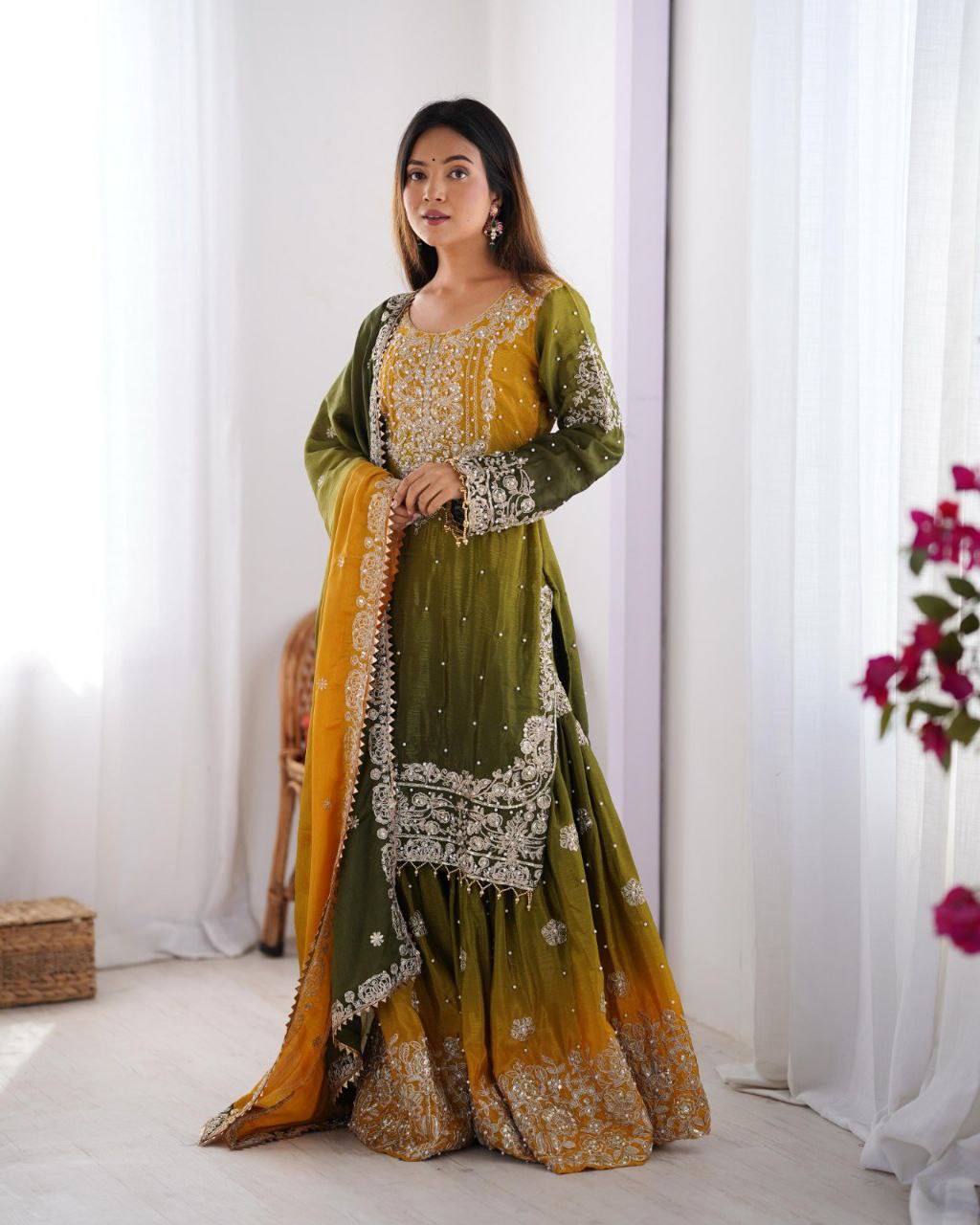 Chinon Embroidered Kurta with Sharara & Dupatta Set