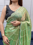 Hand-Embellished Silk Saree with Moti, Cutdana & Sequin Work